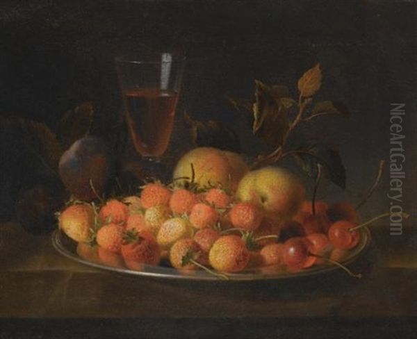 Still Life Of Strawberries, Cherries, And Peaches On A Silver Dish, A Glass Of Red Wine And Plums, All On A Wooden Ledge Oil Painting by Jakob Bogdani