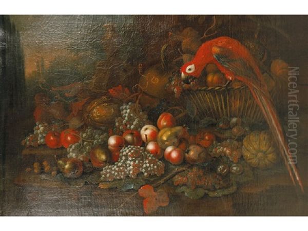 A Parrot Perched On A Basket Surrounded By Fruit On A Stone Ledge Oil Painting by Jakob Bogdani