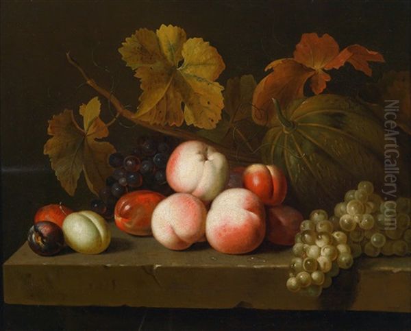 Ein Stillleben Von Pfirsichen, Trauben, Pflaumen Und Einer Melone Auf Einer Steinbrustung Oil Painting by Jakob Bogdani