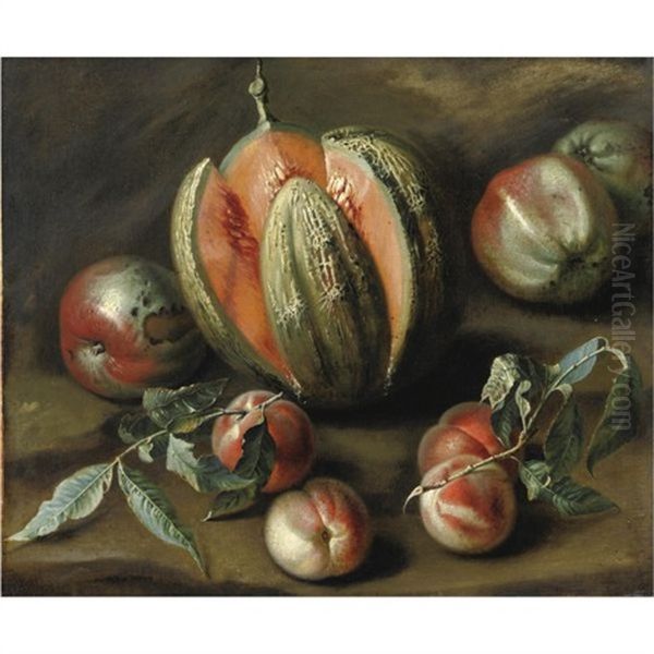 Natura Morta Con Melone, Pomodori, Pesche E Una Mela by Jakob Bogdani