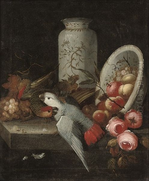 A Pair Of Parrots With Grapes, Roses, Peaches, An Orange And A China Vase And Bowl Oil Painting by Jakob Bogdani