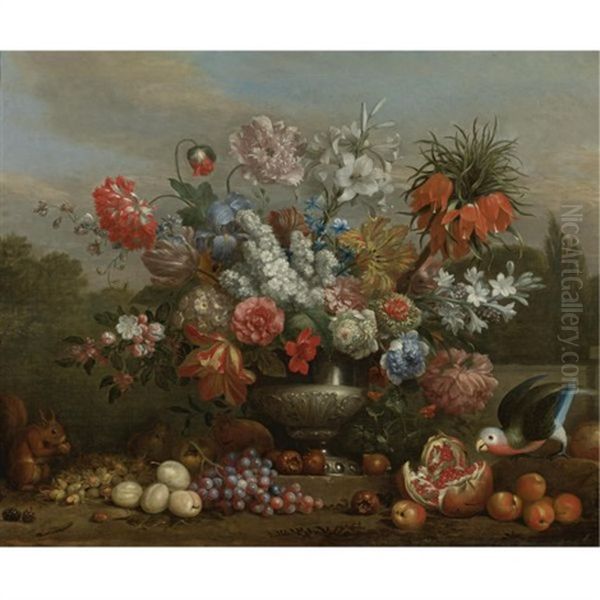 Still Life With Flowers In A Silver Urn With Fruits, A Squirrel And A Parrot Resting On The Ground Beside It Oil Painting by Jakob Bogdani