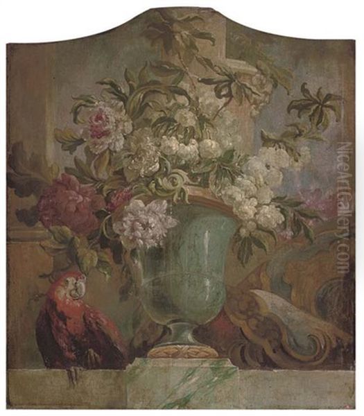 Flowers In An Urn With A Parrot On A Ledge - An Overdoor Oil Painting by Jakob Bogdani