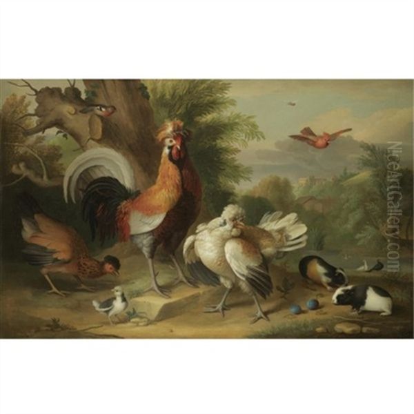 A Cockerel, Chickens And Other Birds With Guinea Pigs In A Landscape Oil Painting by Jakob Bogdani