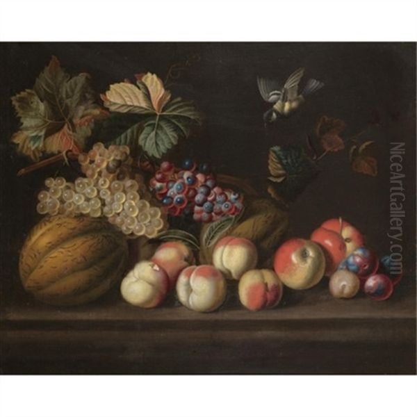 A Still Life With A Melons, Grapes, Peaches, Apples And A Bluetit Oil Painting by Jakob Bogdani