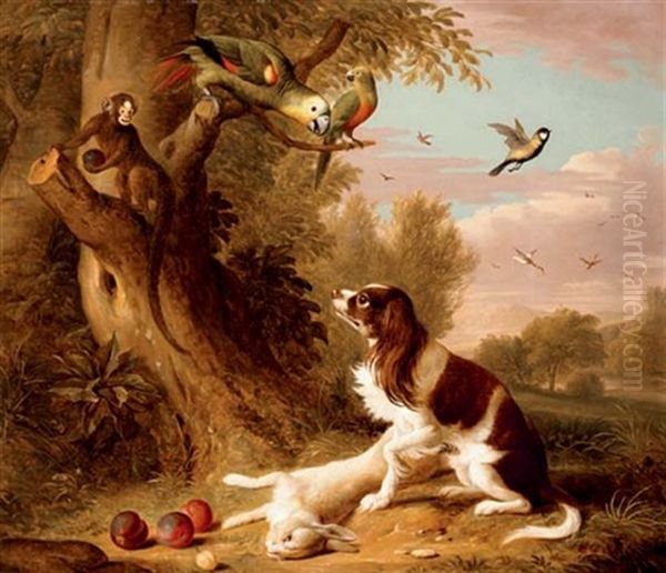 A Spaniel With A Dead Hare In A Landscape, With Parrots And A Monkey In A Tree Oil Painting by Jakob Bogdani