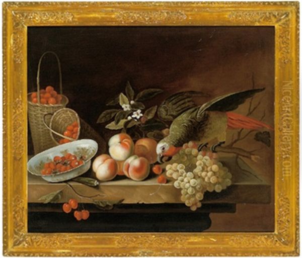 Stillleben Mit Fruchten, Erdbeeren In Einer Porzellanschale Und Einem Papagei Oil Painting by Jakob Bogdani