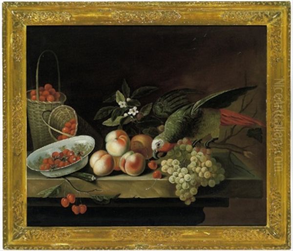 Stillleben Von Fruchten, Erdbeeren In Einer Porezellanschale Und Einem Papagei Oil Painting by Jakob Bogdani