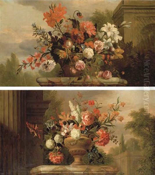 Lilies, Roses, Morning Glory And Other Flowers In A Basket On A Marble Plinth, By A Fountain In A Garden (+ Peonies, Convolvulus, Chrysanthemums And Other Flowers In A Sculpted Urn; Pair) Oil Painting by Jakob Bogdani