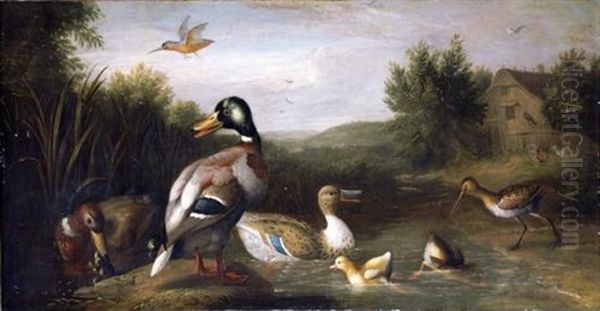 A River Landscape With Fowl Before A Cottage, A Church In The Distance Beyond Oil Painting by Jakob Bogdani