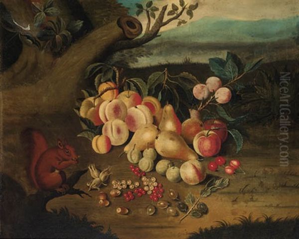 A Red Squirrel Holding A Nut, With Apples, Pears, Cherries, Plums, Gooseberries, Currents And Hazelnuts, In A Wooded Clearing Oil Painting by Jakob Bogdani