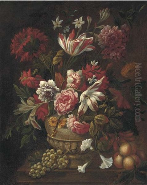 Roses, Lilies, Tulips And Narcissi In A Stone Urn With Grapes And Peaches On A Stone Ledge Oil Painting by Jakob Bogdani