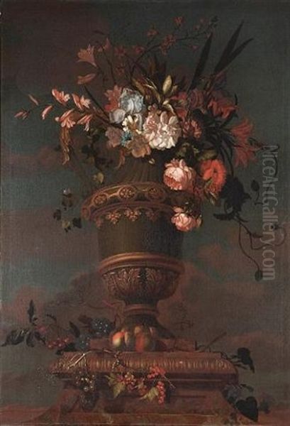 Roses, Tulips, Narcissi And Other Flowers In A Vase On A Marble Ledge With Grapes, Cherries, Red Currants And Apples Oil Painting by Jakob Bogdani