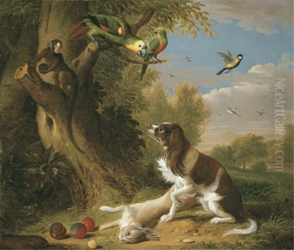 A Spaniel With A Dead Hare In A Landscape With Parrots And A Monkey In A Tree Oil Painting by Jakob Bogdani