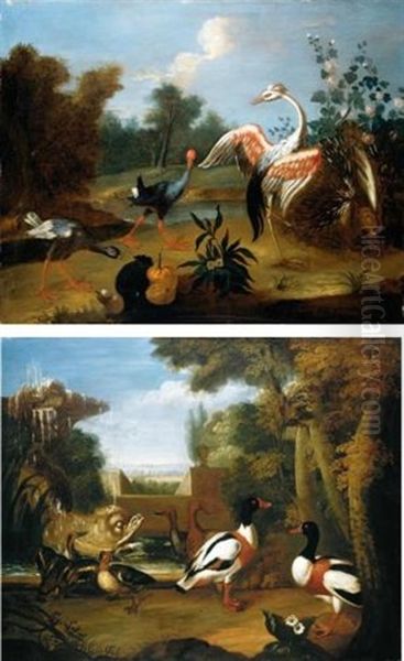 Still Life With A Porcupine And Purple Gallinules, Together With A Flamingo In A Parkland Landscape (+ Still Life Of Teal, Shelduck, And Gadwall Duck In A Parkland Landscape; Pair) Oil Painting by Jakob Bogdani