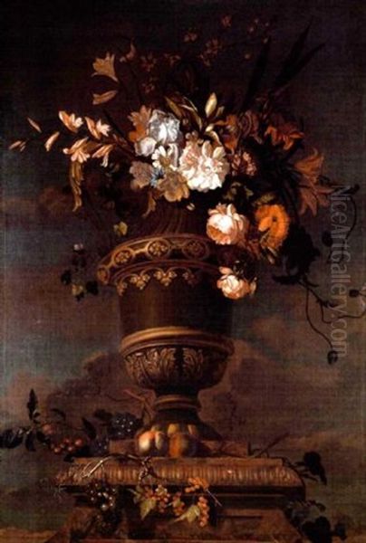 Roses, Tulips, Narcisi And Other Flowers In A Vase On A Marble Ledge With Grapes, Cherries, Redcurrants And Apples Oil Painting by Jakob Bogdani