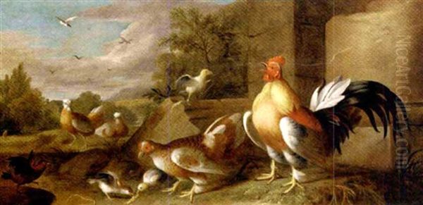 A Rooster, Hen And Other Fowl In An Extensive Landscape Oil Painting by Jakob Bogdani