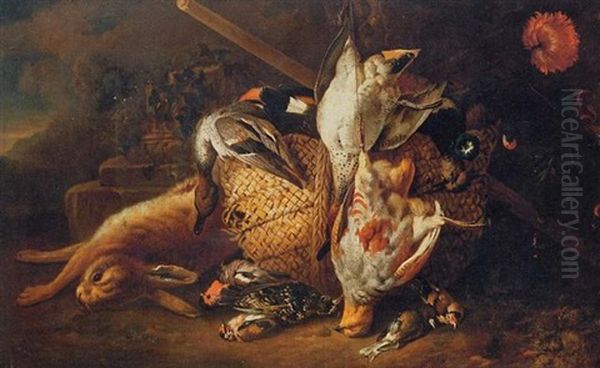 A Still Life Of Dead Game Including A Rabbit, Duck And Songbirds In A Landscape Oil Painting by Jakob Bogdani