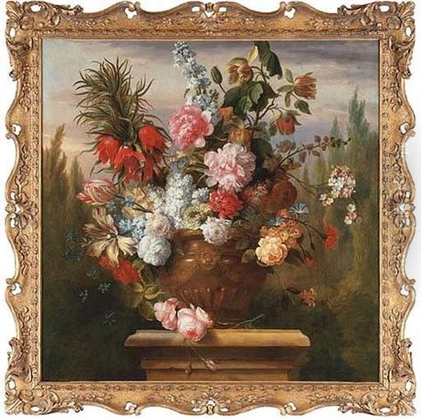 A Crown Imperial Lily, Tulips, Peonies, Roses, Morning Glory And Other Flowers In A Sculpted Urn On A Plinth In A Garden Oil Painting by Jakob Bogdani