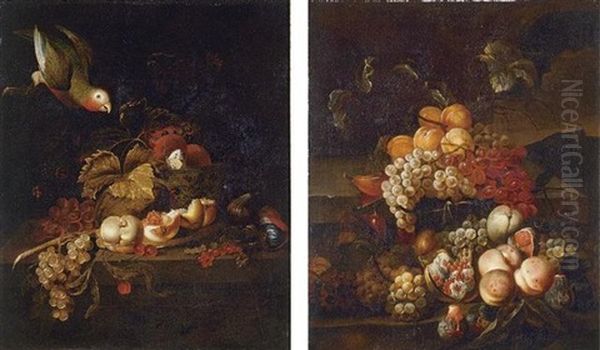 Still Life Of Grapes, A Halved Peach And Cherries Resting On A Table With A Parrot (+ Still Life Of Grapes With A Landscape; Pair) Oil Painting by Jakob Bogdani