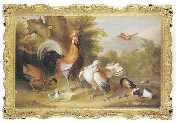 Domestic Fowl With Guinea Pigs In A Wooded Landscape, With Buildings Beyond Oil Painting by Jakob Bogdani