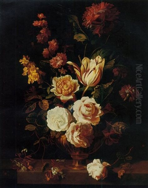 Roses, A Parrot Tulip, Carnations, Morning Glory, Honeysuckle And Other Flowers In An Urn On A Stone Ledge Oil Painting by Jakob Bogdani