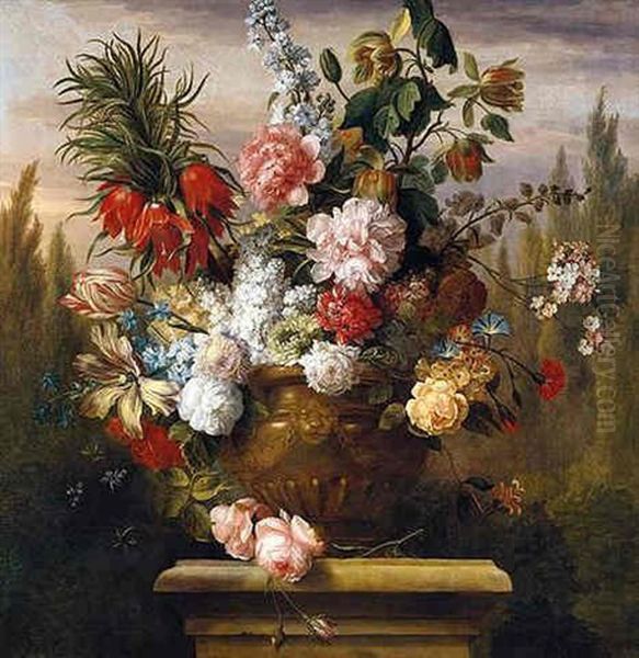 Still Life Of Tulips, Chrysanthemums, Roses, Carnations, Stocks, Honeysuckle And Morning Glory In A Sculpted Urn Upon A Stone Plinth, In A Garden Setting Oil Painting by Jakob Bogdani