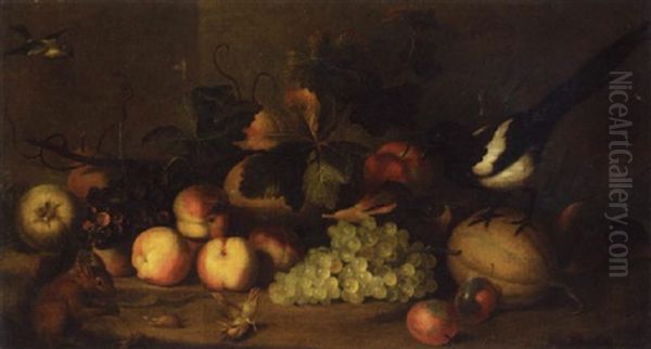 Still Life Of Fruit With A Magpie And A Red Squirrel In A Landscape Setting Oil Painting by Jakob Bogdani