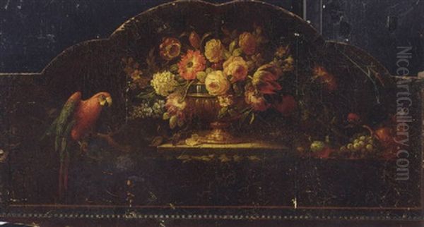 Roses, Tulips, Carnations And Other Flowers In An Urn With Fruit And A Parrot On A Ledge Oil Painting by Jakob Bogdani