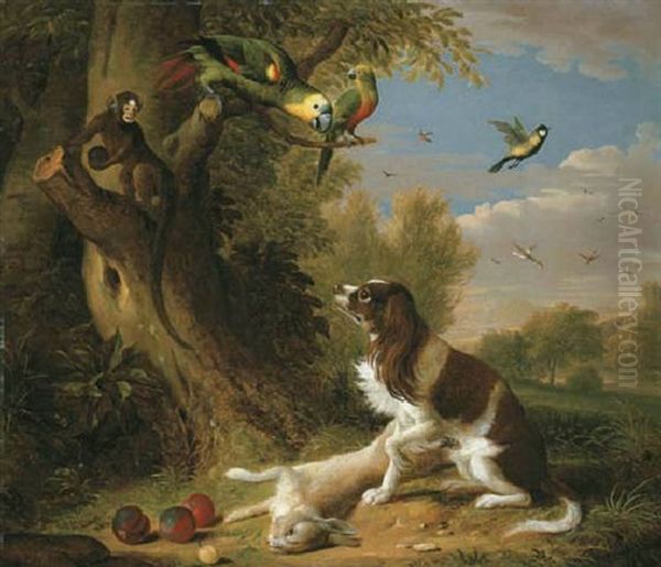 A Spaniel, A Hare, A Monkey, Plums And Exotic Birds By A Tree In A Wooded Landscape Oil Painting by Jakob Bogdani