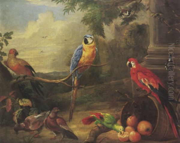 A Blue Parrot, A Scarlet Maccaw And Other Exotic Birds By A Classical Column In A Wooded Landscape Oil Painting by Jakob Bogdani