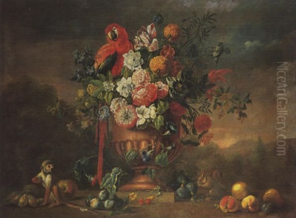 A Parrot Amongst Flowers In A Classical Vase With A Monkey In The Foreground Amidst Various Fruit In A Parkland Landscape Oil Painting by Jakob Bogdani