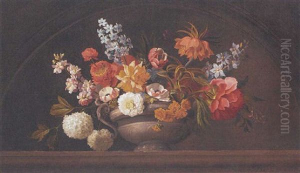 Poppies, Roses, Lilac, Chrysathemums, Lilies, Gentians, Sage, Hydrangea And Other Flowers In Stone Urn On A Marble Ledge Oil Painting by Jakob Bogdani