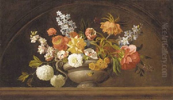 Poppies, Roses, Lilac, Chrysanthemums, Lilies, Gentians, Sage, Hydrangea And Other Flowers In A Stone Urn On A Marble Ledge by Jakob Bogdani