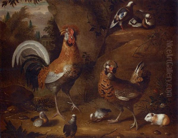 A Cockerel And Hen With Chicks, Doves And A Guinea Pig In A Woodland Cleaning, A Mansion Beyond Oil Painting by Jakob Bogdani