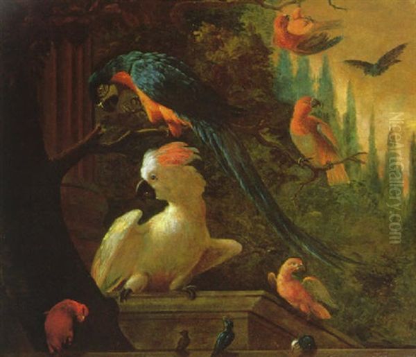 A Blue Macaw Perched On A Branch With A White Cockateal And Other Parrots In A Parkland Landscape Oil Painting by Jakob Bogdani