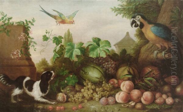 A Macaw, A Parakeet And A Spaniel By Fruit In A Landscape Oil Painting by Jakob Bogdani