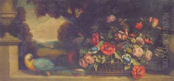 A Basket Of Flowers And A Macaw On A Wall By An Urn, A Landscape Beyond by Jakob Bogdani