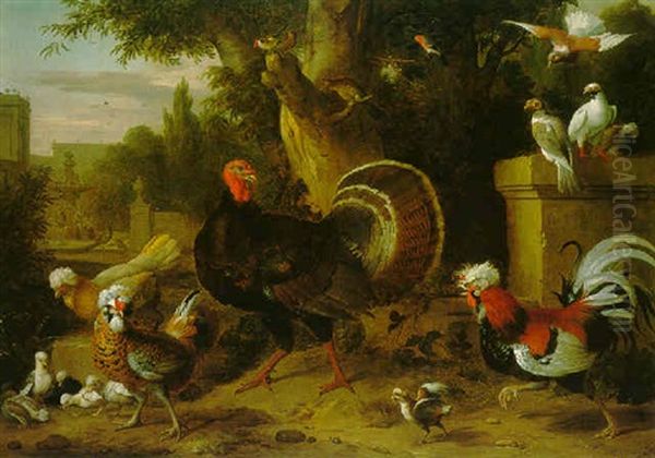 Cockerels, Hens, A Turkey And Other Birds In An Ornamental Garden Setting Oil Painting by Jakob Bogdani