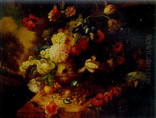 Flowers In An Urn By A Roemer And A Blue And White Dish On A Pedestal In A Landscape Oil Painting by Jakob Bogdani