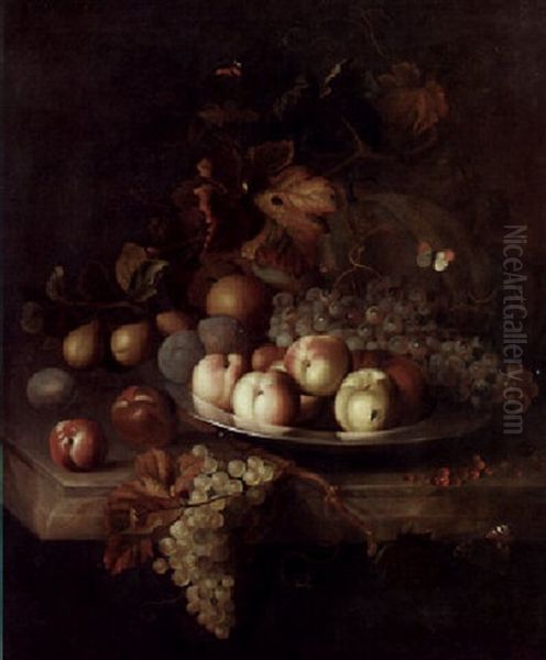 Fruit On A Pewter Plate With Other Fruit On A Marble Ledge Oil Painting by Jakob Bogdani