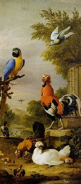 Exotic Fowl With A Parrot And Other Birds In A Landscape Oil Painting by Jakob Bogdani