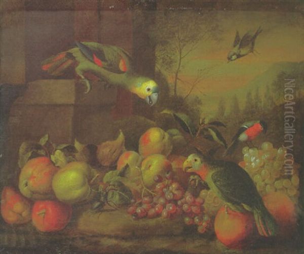 Parrots, A Bullfinch, Apples, Grapes And Oranges And A Greenfinch In A Landscape Oil Painting by Jakob Bogdani