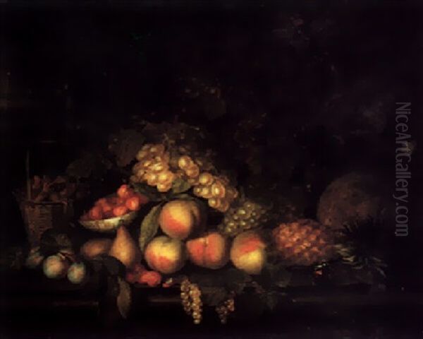 Still Life With Peaches, Grapes, Plums, Various Other Fruits And Hazelnuts In A Basket, All On A Stone Ledge With A Butterfly Oil Painting by Jakob Bogdani