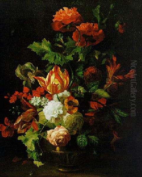 Tulips, Poppies, Roses And Other Flowers In A Brass Vase Oil Painting by Jakob Bogdani