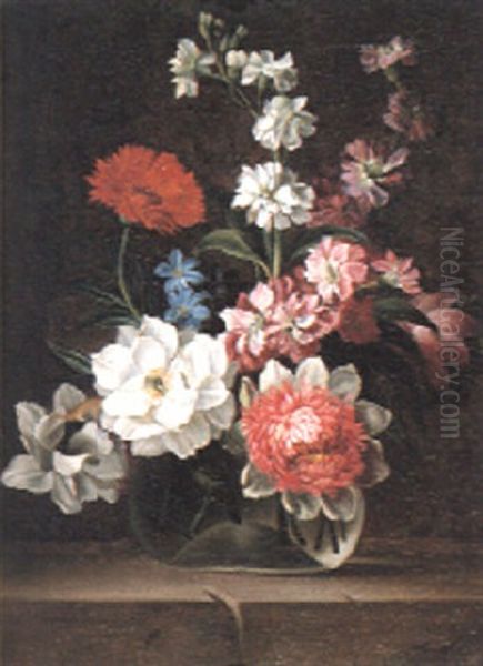 Still Life Of Gardenias, Stephanosis And Other Flowers In A Glass Vase Oil Painting by Jakob Bogdani