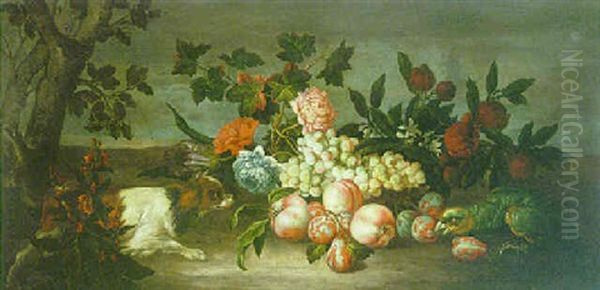 Landscape With A Still Life Of Fruit And Flowers With A Parrot And A Dog Oil Painting by Jakob Bogdani