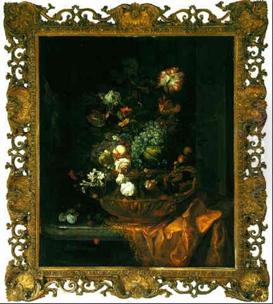 Still Life Of Fruit And Flowers In A Gilt Bronze Urn On A Stone Ledge, Partly Draped With A Silk Cloth Oil Painting by Jakob Bogdani