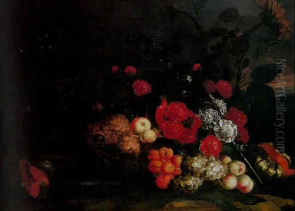 Nature Morte Aux Fleurs Et Fruits Dans Un Paysage Oil Painting by Jakob Bogdani