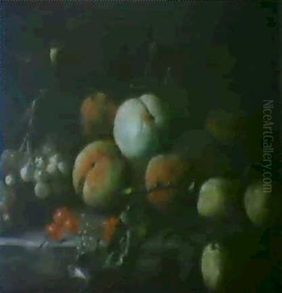 A Still Life Of Grapes, Cherries, Peaches And Plums With A  Butterfly On A Stone Ledge Oil Painting by Jakob Bogdani